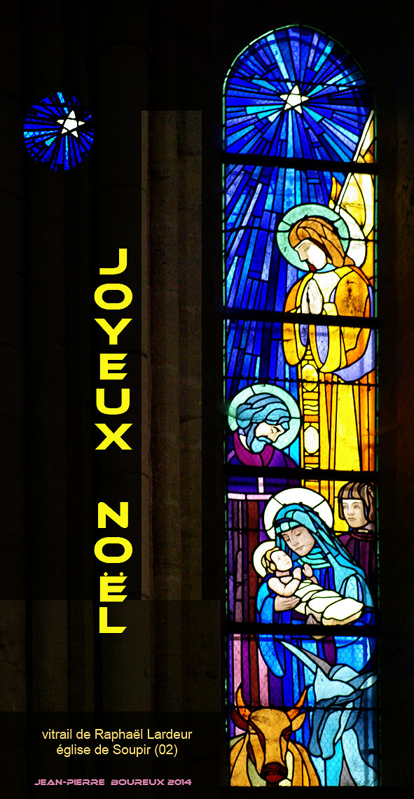 évocation de la Nativité, avec Marie, Jésus, ange, âne, boeuf et étoile sur un vitrail de l'église de Soupir (Aisne) lors de la Reconstruction.